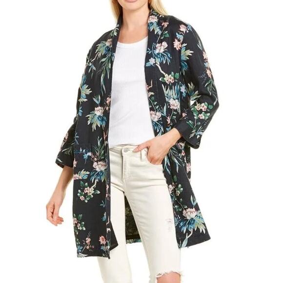 Johnny Was 100% Linen Longline Kimono Jacket Black Floral Print Boho Size Medium - Picture 1 of 7